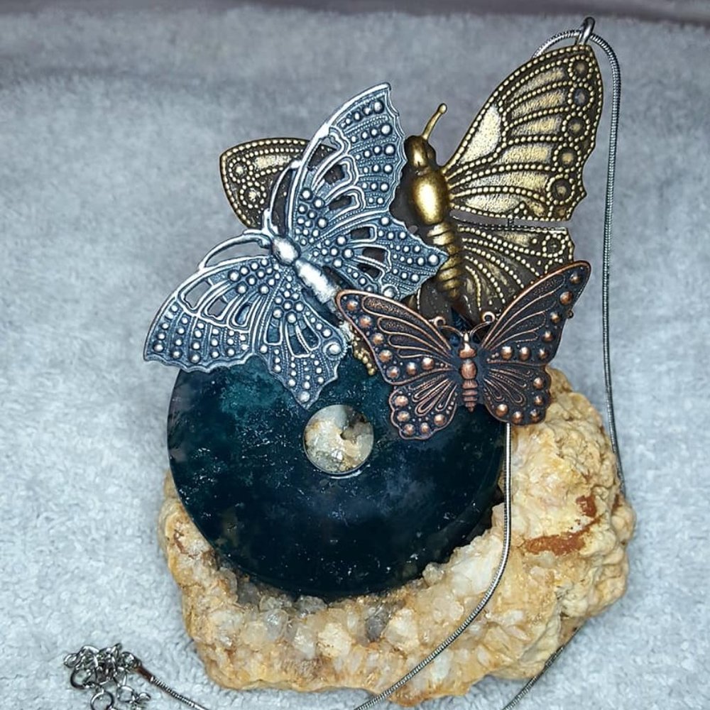 Artisan Moss Agate Gemstone Butterfly Designer Sterling Necklace